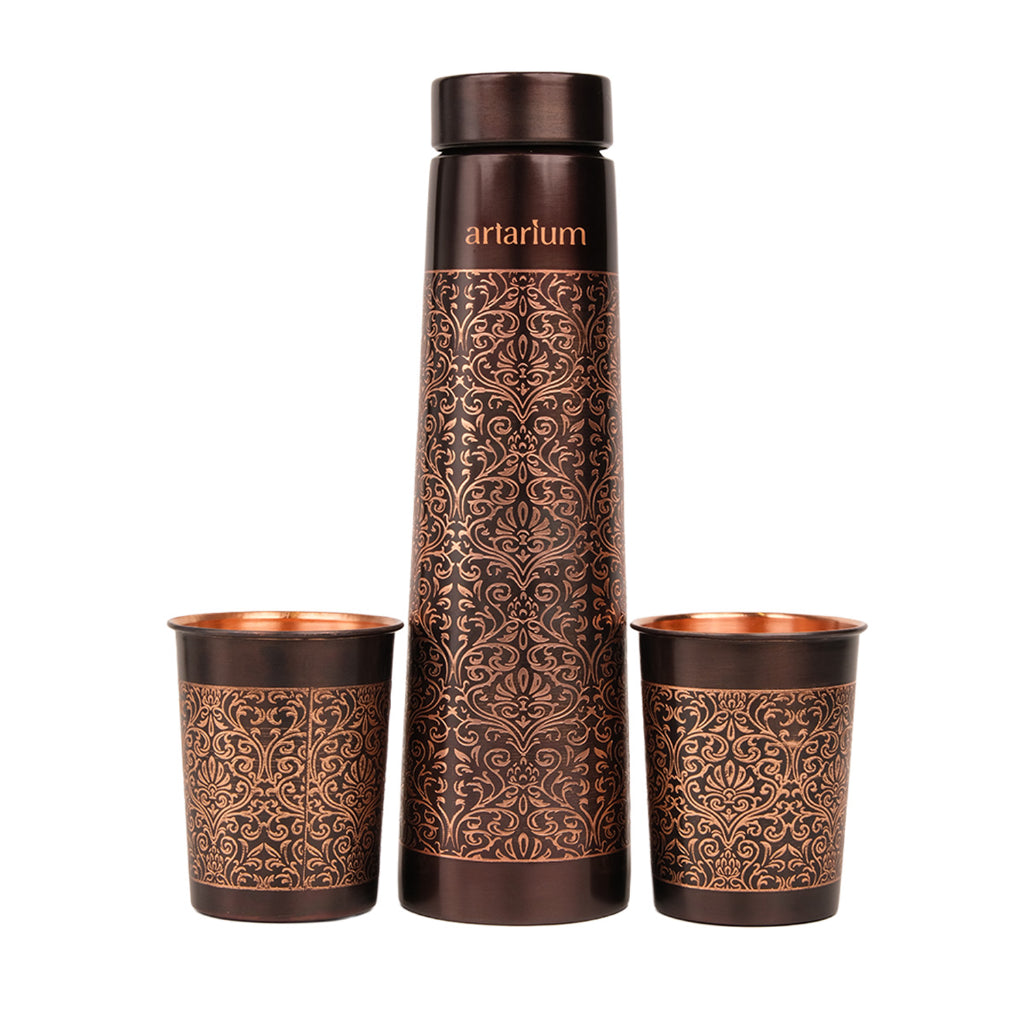 Etching Copper Bottle with Set of Copper Glass